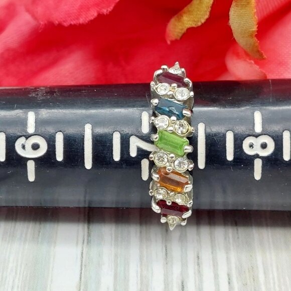 Cute Silver Tone Clear & Colorful Crystal Fashion Ring Size 7 - Picture 9 of 9